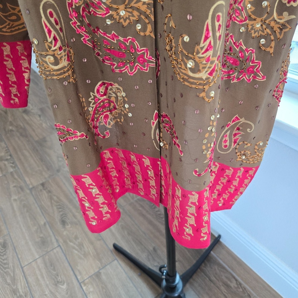 Diane Gilman Tunic Women Large Brown Silk Paisley Sequin Long Blouse - Picture 9 of 9